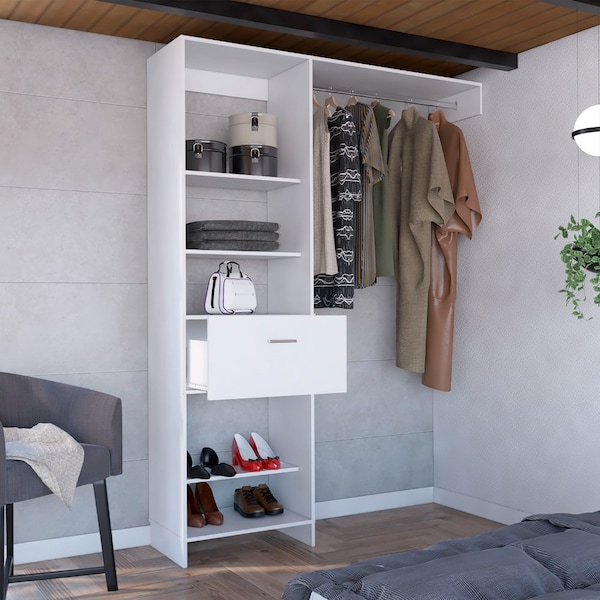 Tuhome Manchester 150 Closet System, Metal Rod, Five Open Shelves, One Drawer, White CLB6722 - main